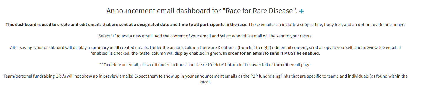 Announcement email dashboard overview with instructions